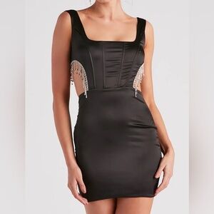Windsor Black Rhinestone Trim Satin Corset Bodycon Mini Dress